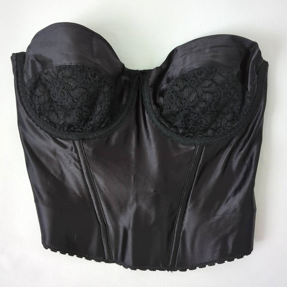 Vintage 90s Women's Black Corset Satin Shiny Bustier Top 36C Madonna Lace Bra